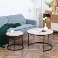 HOMCOM Nesting Coffee Tables Set of 2, Round Coffee Table with Metal Frame, Living Room Tables, Grey Wood Grain(m-8)