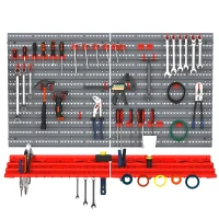 DURHAND 54 Piece Plastic Pegboard Panels, Peg Board with Accessories, Shelf Tool Organizer, Wall Mounted DIY Garage Storage with 50 Hooks, Red(m-11)