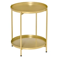 HOMCOM 2-Tier Gold Side Table, Round Nightstand with Removable Trays Folding Metal Frame Adjustable Foot End Table for Living Room Bedroom(m-11)