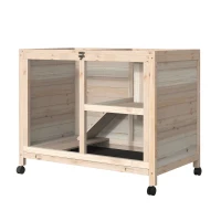 PawHut Indoor Rabbit Hutch with Wheels, Bunny Cage Guinea Pig House W/ Top Access, Ramp, Pull Out Tray, Natural Wood(m-11)