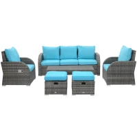 Outsunny 6 Pieces Patio Furniture Set, Conversation Set Wicker Sectional Set Cushioned Outdoor Rattan 3-Seat Sofa, 2 Adjustable Recliners, 2 Footstools & Table Set for Lawn Garden Backyard, Sky Blue(m-12)