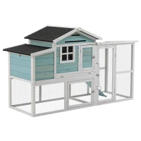 PawHut 76" Wooden Chicken Coop, Outdoor Hen House Poultry Duck Goose Cage with Outdoor Run, Nesting Box, Removable Tray and Lockable Doors, Blue(m-11)