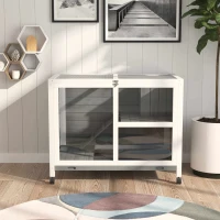 PawHut Indoor Rabbit Hutch with Wheels, Bunny Cage Guinea Pig House W/ Top Access, Ramp, Pull Out Tray, Grey(m-8)