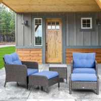 Outsunny 5pcs Patio Rattan Coffee Set Garden Wicker Bistro Set with Ottoman Yard Sofa Conversation Set Armchairs Tea Table & Footstool w/ Cushions All Weather Deck Furniture, Blue(m-8)