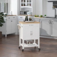HOMCOM Kitchen Storage Cabinet Trolley Serving Cart Rubber Wood top Rolling Kitchen Island with Towel Rack and Drawer White(m-8)
