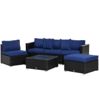 Outsunny 6 Pieces Outdoor PE Rattan Wicker Patio Furniture Sofa Set with Thick Cushions, Deluxe Garden Sectional Couch with Glass Top Table, Black and Dark Blue(m-13)