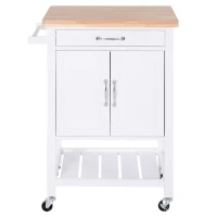 HOMCOM Kitchen Storage Cabinet Trolley Serving Cart Rubber Wood top Rolling Kitchen Island with Towel Rack and Drawer White(m-11)