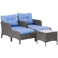 Outsunny 5pcs Patio Rattan Coffee Set Garden Wicker Bistro Set with Ottoman Yard Sofa Conversation Set Armchairs Tea Table & Footstool w/ Cushions All Weather Deck Furniture, Blue(m-11)