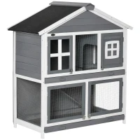 PawHut 49" Wooden Rabbit Hutch 2 Tier Bunny House Pet Playpen Enclosure for Indoor Outdoor with Slide-out Tray, Ramp, for Rabbits and Small Animals, Grey(m-2)