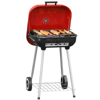 Outsunny Charcoal BBQ Grill, Portable Kettle Barbecue Smoker with Lid, Wheels, Storage Rack, Red(m-11)