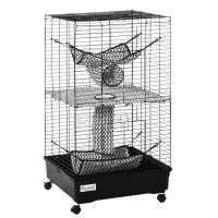 PawHut Small Animal Cage Ferret Cage with Wheels Hammocks Tunnels and 3 Doors Black(m-2)