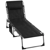 Outsunny Folding Chaise Lounge Chair, Outdoor Padded Reclining Chair with 5-position Adjustable Backrest, Pillow and Pocket for Patio, Deck, Beach, Lawn and Sunbathing, Black(m-11)