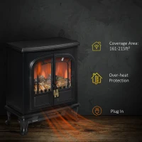 HOMCOM Electric Fireplace Stove Heater with LED Fire Flame Effect, Double Door, Freestanding & Portable with Overheat Protection, 750W/1500W, Black(m-6)