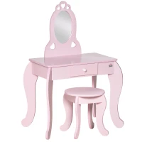 Qaba Kids Vanity Table Set with Mirror and Stool, Drawer, for 3-6 Years, Pink(m-11)