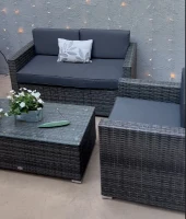 Outsunny 4 Piece Wicker Patio Furniture Set with Cushions, Outdoor Sectional Furniture with 2 Sofa, Loveseat, and Glass Top Coffee Table, Conversation Sofa Sets for Garden, Black(m-12)