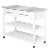 HOMCOM Kitchen Island with Stainless Steel Top, Traditional Kitchen Island with Storage, Butcher Block Cart 2-Tier Open Shelves, Drawers, White(m-11)
