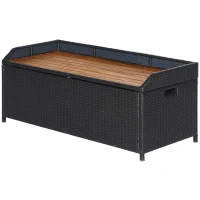 Outsunny Patio Wicker Storage Bench, Outdoor PE Rattan Patio Furniture, Air Strut Assisted Easy Open, 2-in-1 Large Capacity Rectangle Basket Box with Handles & Wooden Seat, Black(m-11)