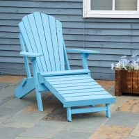 Outsunny Folding Adirondack Chair with Ottoman, Outdoor Wooden Lounger for Patio, Porch, Poolside, Garden, Blue(m-8)