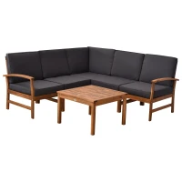 Outsunny 6 Piece L Shape Garden Sofa Set Solid Acacia Wood Garden Furniture Set with a Coffee Table for Yard and Bistro, Gray(m-15)