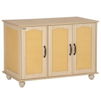 PawHut Cat Litter Box Enclosure Side Table, Cat Washroom Storage with Soft Cushion, PE Rattan, Adjustable Partition, Oak(m-11)