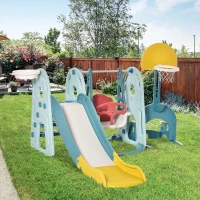 Qaba 5 in 1 Toddler Slide and Swing Set with Adjustable Seat Height and Basketball Hoop, Ring Toss Game, Freestanding Kids Climber Slide Playset with Basket Ball for Indoor Playground 18-60 Months(m-10)