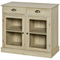 HOMCOM Farmhouse Sideboard Buffet Cabinet, Kitchen Cabinet with 2 Glass Doors, Coffee Bar Cabinet with Adjustable Shelves and 2 Drawers for Living Room, Oak(m-11)