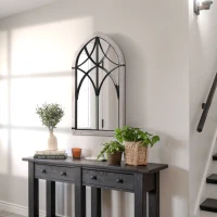 HOMCOM 36.5" x 23.5" Large Farmhouse Wall Mirror, Arch Window Mirror for Wall Decor in Living Room, Bedroom, Entryway, Rustic Wood Grain(m-10)