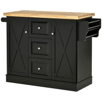 HOMCOM Farmhouse Mobile Kitchen Island Utility Cart on Wheels with Barn Door Style Cabinets, Drawers - Black(m-15)