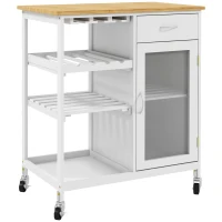 HOMCOM Rolling Kitchen Island with Storage, Kitchen Cart with 4-bottle Wine Rack, Bar Cart with Stemware Holder, Shelves, Drawer and Cabinet, White(m-10)