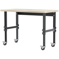 HOMCOM 47.25" Work Bench with Height Adjustable Legs, Bamboo Tabletop Workstation Tool Table on Wheels for Garage, Weight Capacity 1320 Lbs, Black/Natural(m-11)
