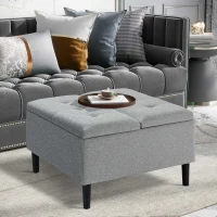 HOMCOM 30" Square Storage Ottoman, Upholstered Ottoman Coffee Table with Lift Top, Button Tufted and Wood Legs, Accent Footstool for Living Room, Light Gray(m-10)