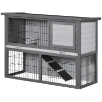 PawHut 42.5" Wooden Rabbit Hutch Bunny Cage Small Animal House Enclosure with Ramp, Removable Tray and Weatherproof Roof for Outdoor, Gray(m-11)