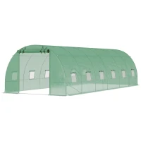 Outsunny 26' x 10' x 6.6' Walk-in Tunnel Hoop Greenhouse, PE Cover, Steel Frame, Roll-Up Zipper Door & 12 Mesh Windows for Flowers, Vegetables, Tropical Plants, Green(m-10)