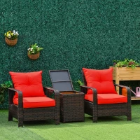 Outsunny 3 Piece Patio Furniture Set, PE Wicker Storage Table & Chairs, Red(m-10)
