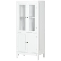 kleankin Bathroom Floor Cabinet with 2 Storage Cabinets, Tempered Glass Door, Freestanding Linen Tower with Adjustable Shelves for Living Room, White(m-11)