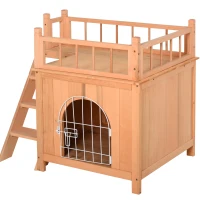 PawHut 2-Level Wooden Cat House, Outdoor Dog Shelter Cat Condo with Lockable Wire Door and Balcony, Natural Wood(m-11)