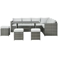 Outsunny Wicker Outdoor Patio Furniture Set, L-Shaped 7 Piece Outdoor Dining Sectional Sofa with Dining Table and Chair, Storage Loveseat, Ottomans and Cushions, Mixed Gray(m-11)