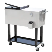 Outsunny 80 QT Rolling Cooling Bins Ice Chest on Wheels Outdoor Stand Up Drink Cooler Cart for Party, Silver(m-11)