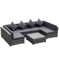 Outsunny 7-Piece Patio Furniture Sets PE Rattan Sectional Sofa Set Outdoor Conversation Set w/Acacia Top Coffee Table & Cushion for Garden, Backyard, Grey(m-11)