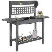 Outsunny Outdoor Potting Bench Table, Wooden Workstation with Sliding Tabletop, Storage Shelf and Dry Sink, for Greenhouse, Garden, Patio, Gray(m-11)