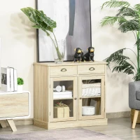 HOMCOM Farmhouse Sideboard Buffet Cabinet, Kitchen Cabinet with 2 Glass Doors, Coffee Bar Cabinet with Adjustable Shelves and 2 Drawers for Living Room, Oak(m-10)