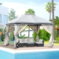 Outsunny 12' x 10' 2-Tier Outdoor Gazebo Canopy Tent for Patio with Zippered Mesh Sidewalls, Solid Steel Frame, Arched Roof, Grey(m-8)