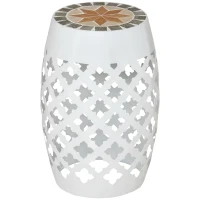 Outsunny 12" Patio Round Side Table, Outdoor Footstool, Garden Mosaic Accent Side Table, Plant Stand, White(m-12)