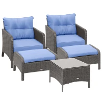 Outsunny 5 Pieces Rattan Wicker Lounge Chair Outdoor Patio Conversation Set with 2 Cushioned Chairs, 2 Ottomans and Tempered Glass Top Coffee Table, Gray/Blue(m-1)