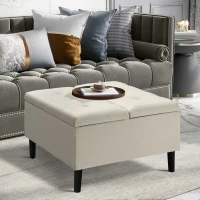 HOMCOM 30" Square Storage Ottoman, Upholstered Ottoman Coffee Table with Lift Top, Button Tufted and Wood Legs, Accent Footstool for Living Room, Cream White(m-10)