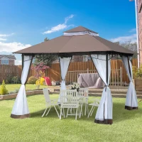 Outsunny 10' x 10' Outdoor Patio Gazebo Canopy Tent with Mesh Sidewalls, 2-Tier Canopy for Backyard, Coffee(m-10)