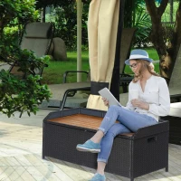Outsunny Patio Wicker Storage Bench, Outdoor PE Rattan Patio Furniture, Air Strut Assisted Easy Open, 2-in-1 Large Capacity Rectangle Basket Box with Handles & Wooden Seat, Black(m-10)