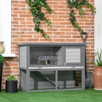 PawHut 42.5" Wooden Rabbit Hutch Bunny Cage Small Animal House Enclosure with Ramp, Removable Tray and Weatherproof Roof for Outdoor, Gray(m-10)