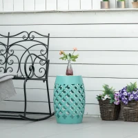 Outsunny 12" Patio Round Side Table, Outdoor Footstool, Garden Mosaic Accent Side Table, Plant Stand, Blue(m-10)