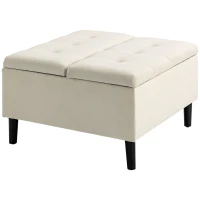 HOMCOM 30" Square Storage Ottoman, Upholstered Ottoman Coffee Table with Lift Top, Button Tufted and Wood Legs, Accent Footstool for Living Room, Cream White(m-11)